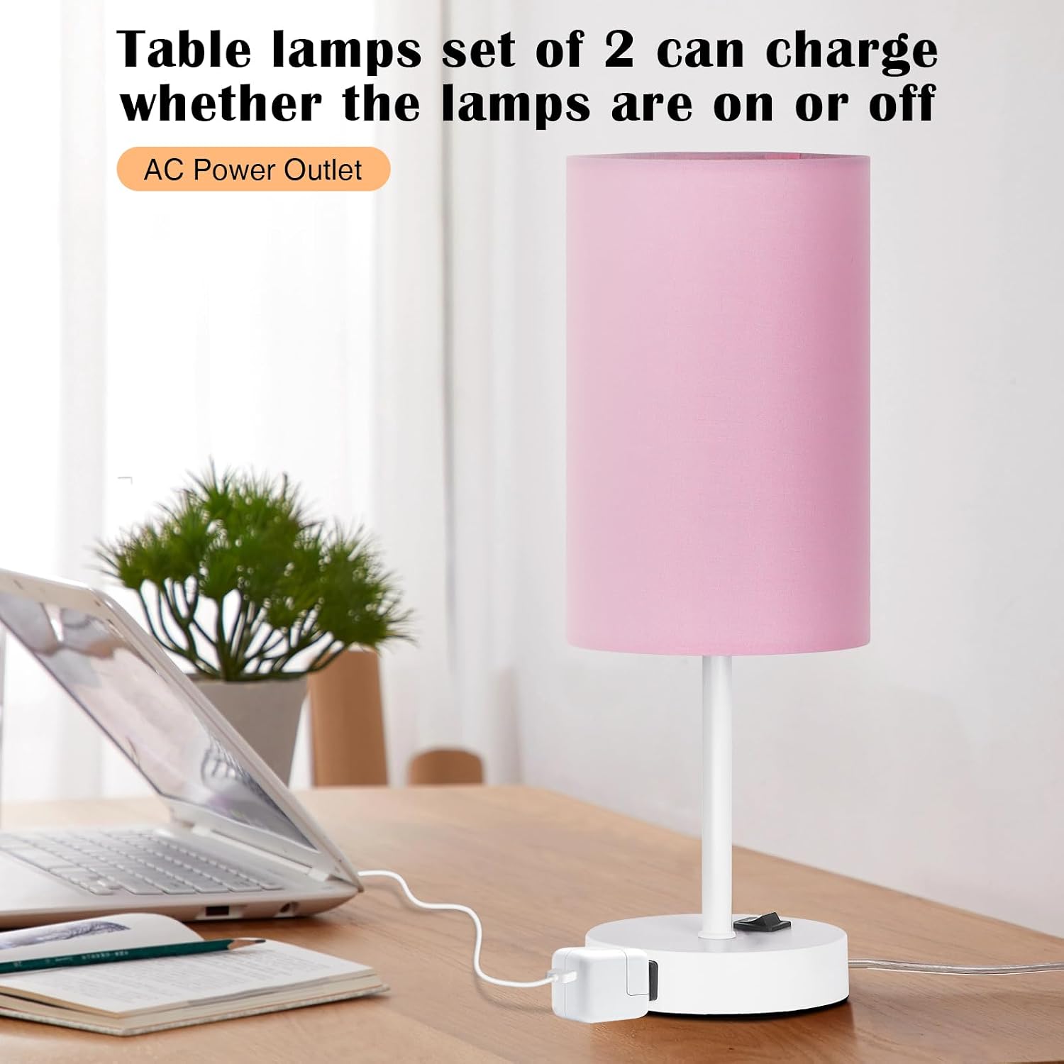 ZJOJO Table Lamp for Bedroom Set of 2, Bedside Small Lamps with 3 Way Dimmable Rocker Switch and AC Outlet, Nightstand Desk Lamp with…