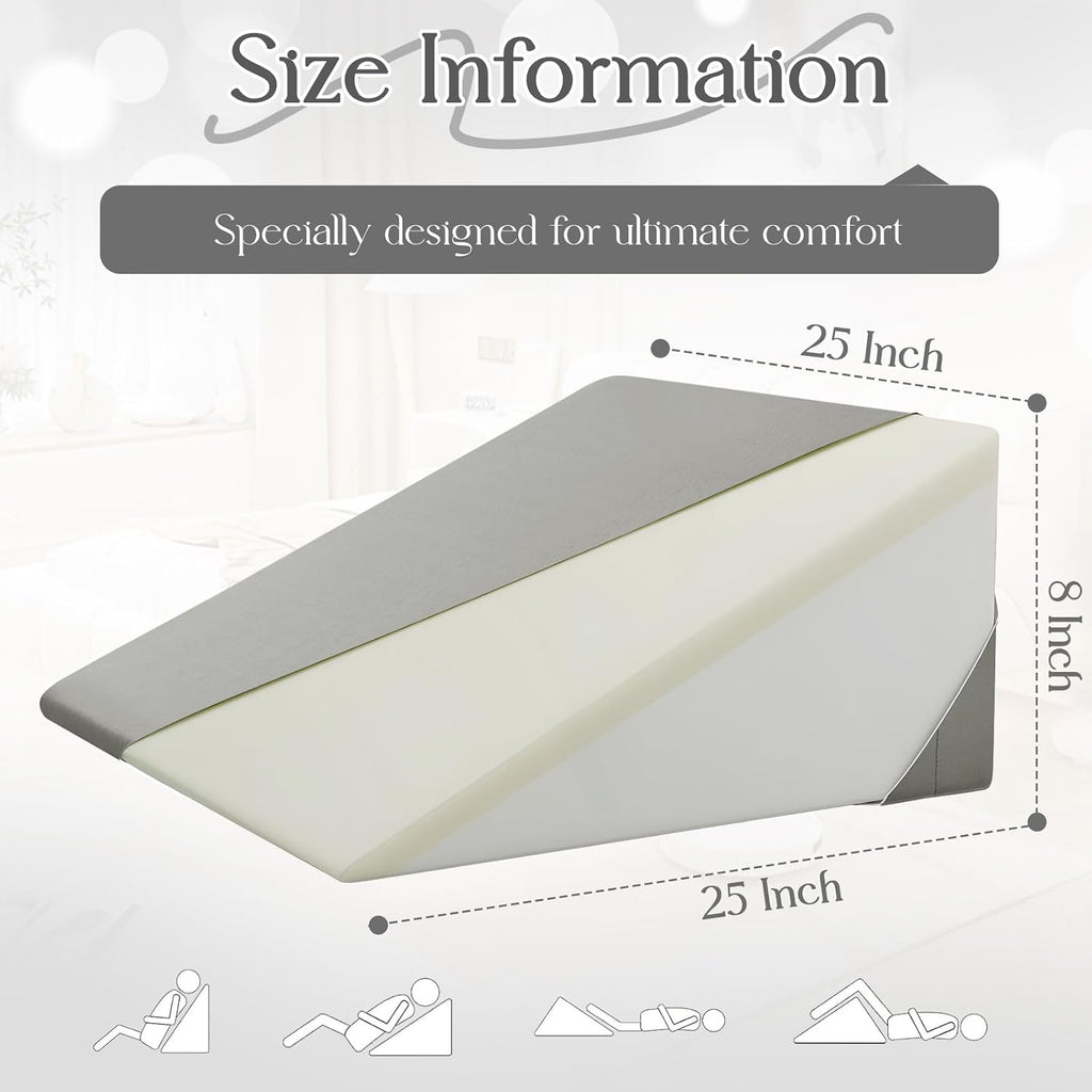 Cotton Wedge Pillow Cover for 25" x 25" x 8" Wedge Bed Pillow, Zippered Wedge Pillow Case Protector with Side Pocket, Light Grey (Pillow…