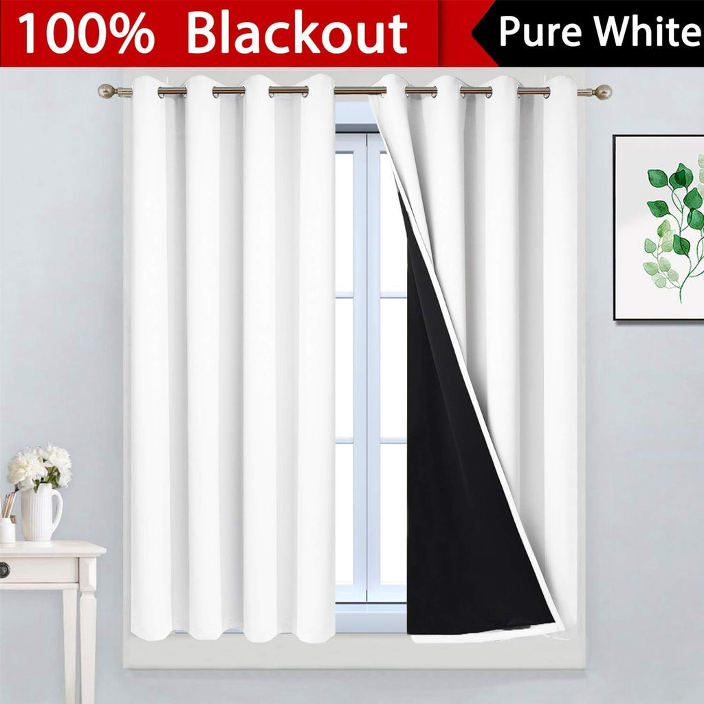 Yakamok Pure White 100% Blackout Curtains for Bedroom, Thermal Insulated Grommet Total Blackout Drapes with Black Liner for Living Room, 52…