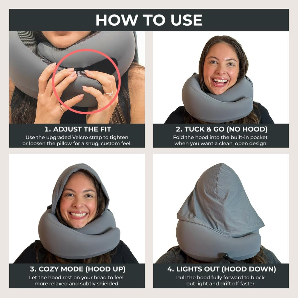 FlyHugz® 2.0 Hooded Travel Pillow – 2026 Original Release – Memory Foam Neck Pillow with Adjustable Hood & Premium Elastic Washable Cover…