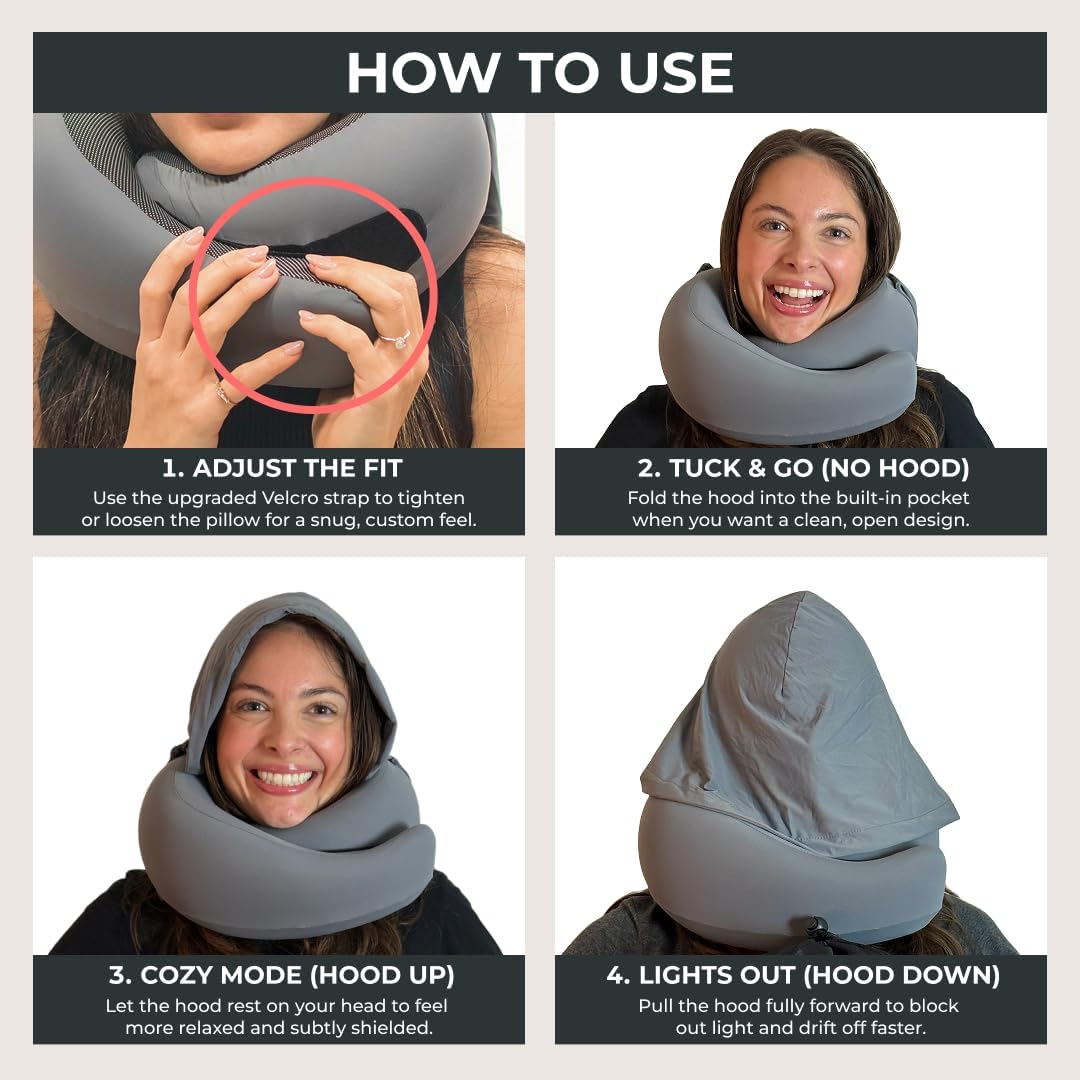 FlyHugz® 2.0 Hooded Travel Pillow – 2026 Original Release – Memory Foam Neck Pillow with Adjustable Hood & Premium Elastic Washable Cover…