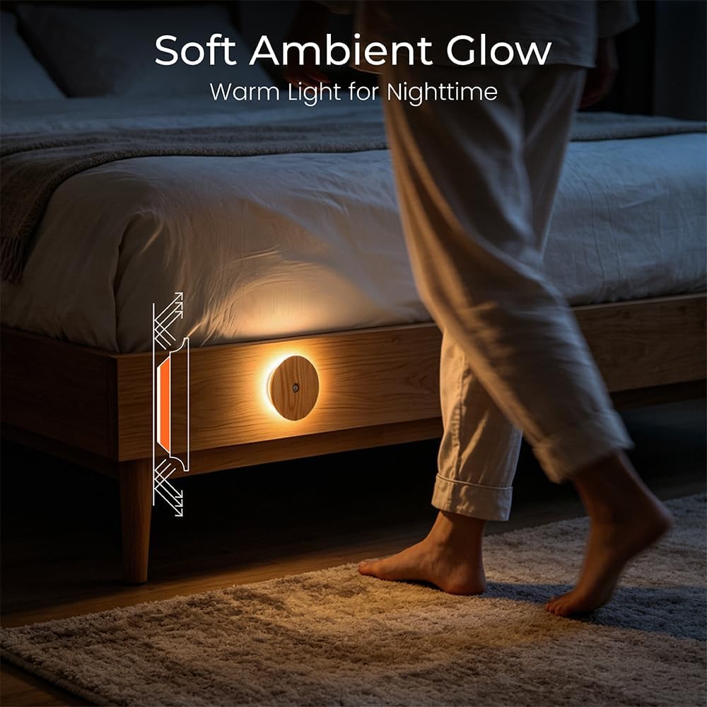 Motion Sensor Night Light Wood, Rechargeable Battery-Powered Magnetic Stick-On Night Light Wall Light for Indoor Stairs, Hallway, and…