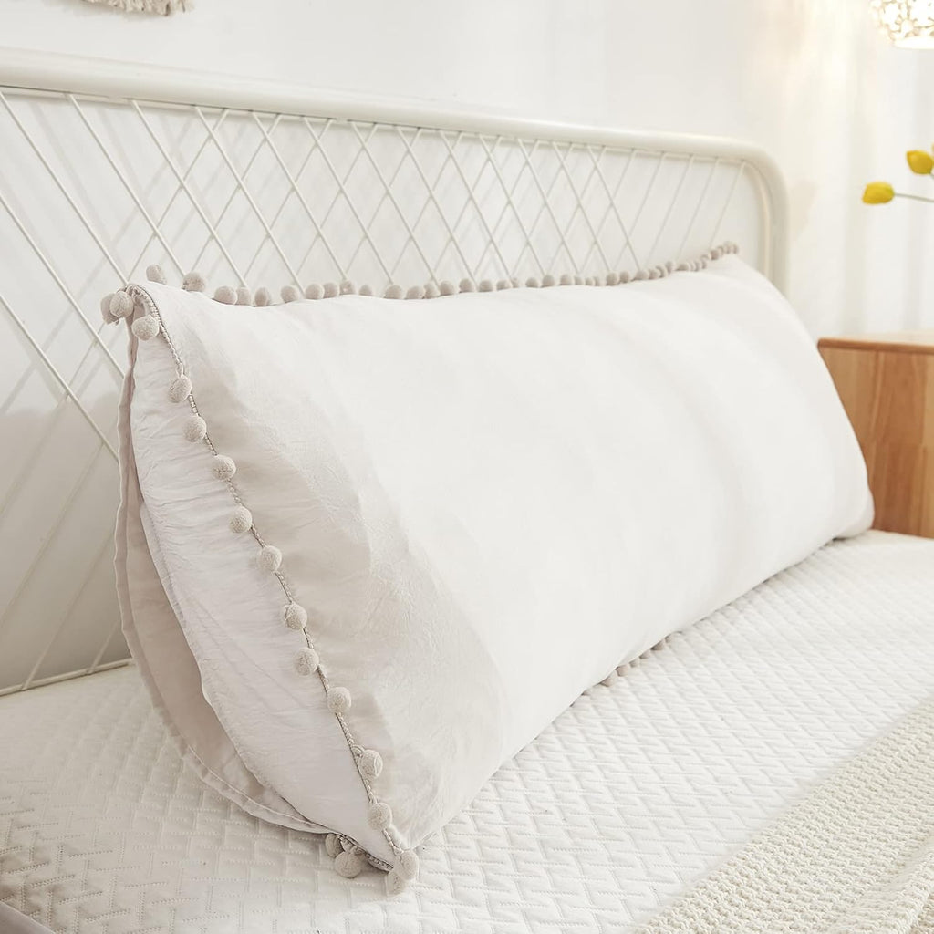Moveover Beige Body Pillow Cover 20x54 inches Long Pillowcases Pom Poms Fringe Design Boho Body Pillow Cover with Pocket Closure