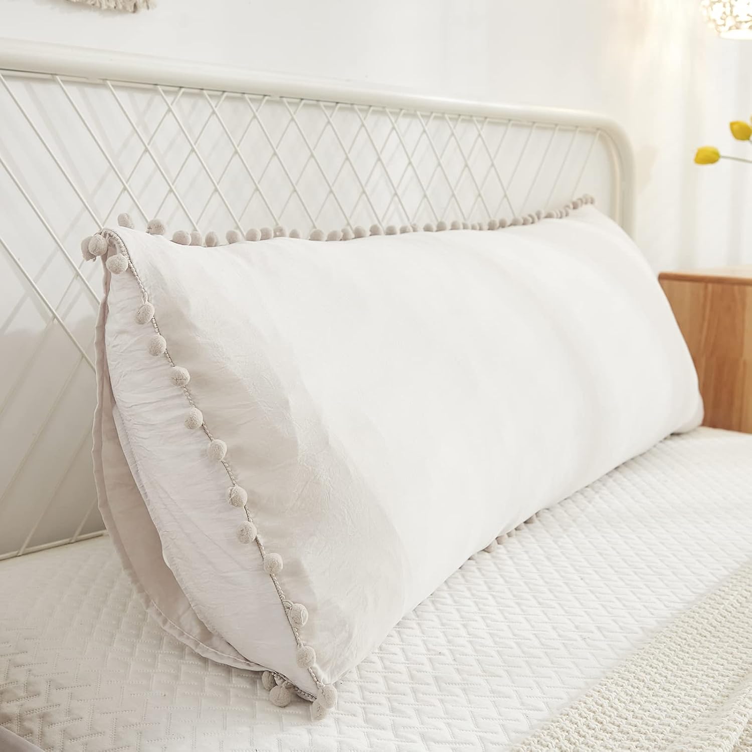Moveover Beige Body Pillow Cover 20x54 inches Long Pillowcases Pom Poms Fringe Design Boho Body Pillow Cover with Pocket Closure