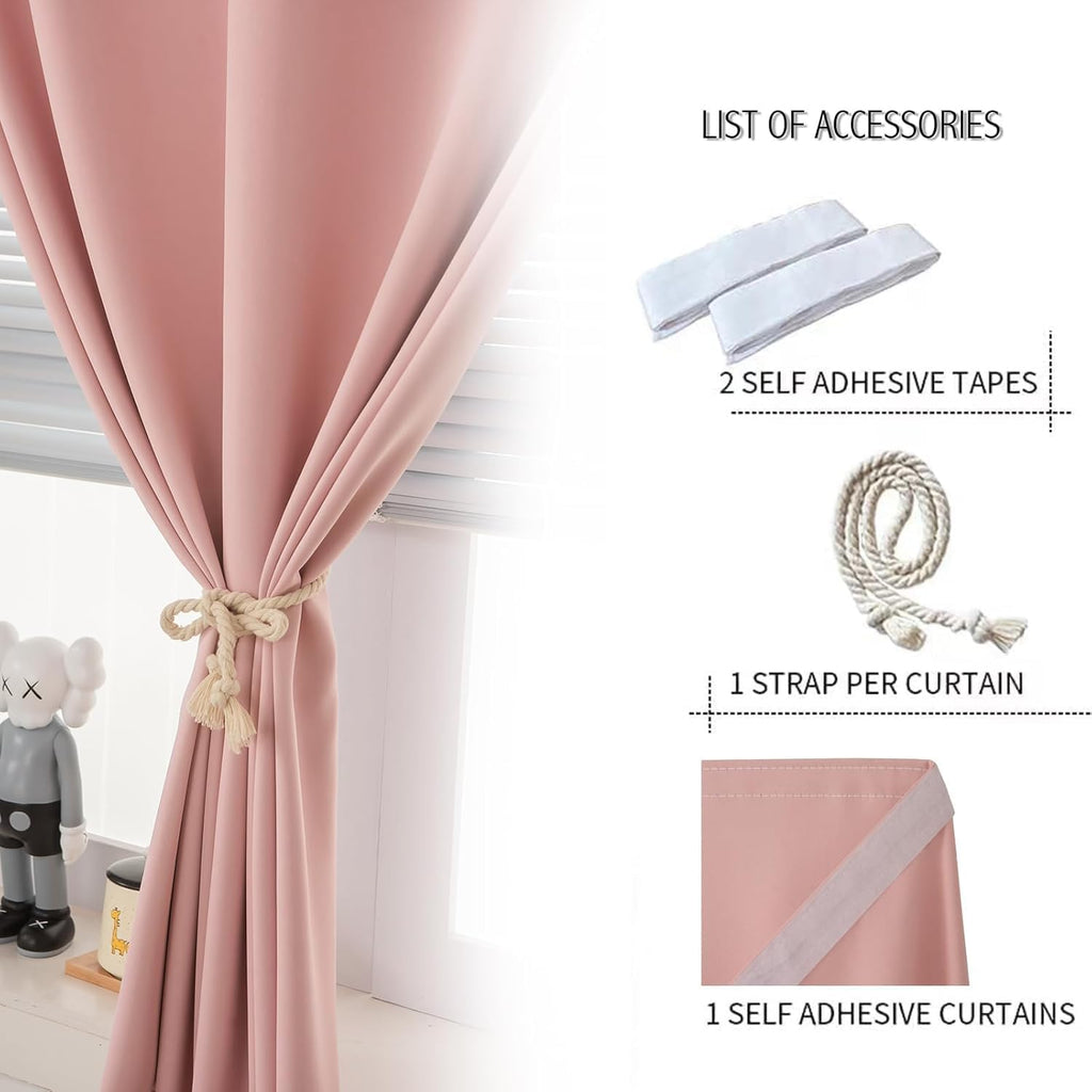 Self Adhesive Curtains, Stick Curtain Blackout Shades Window Cover Curtains for Living Room No Drilling, 47" W X 84" L, Pink, 1 Panel