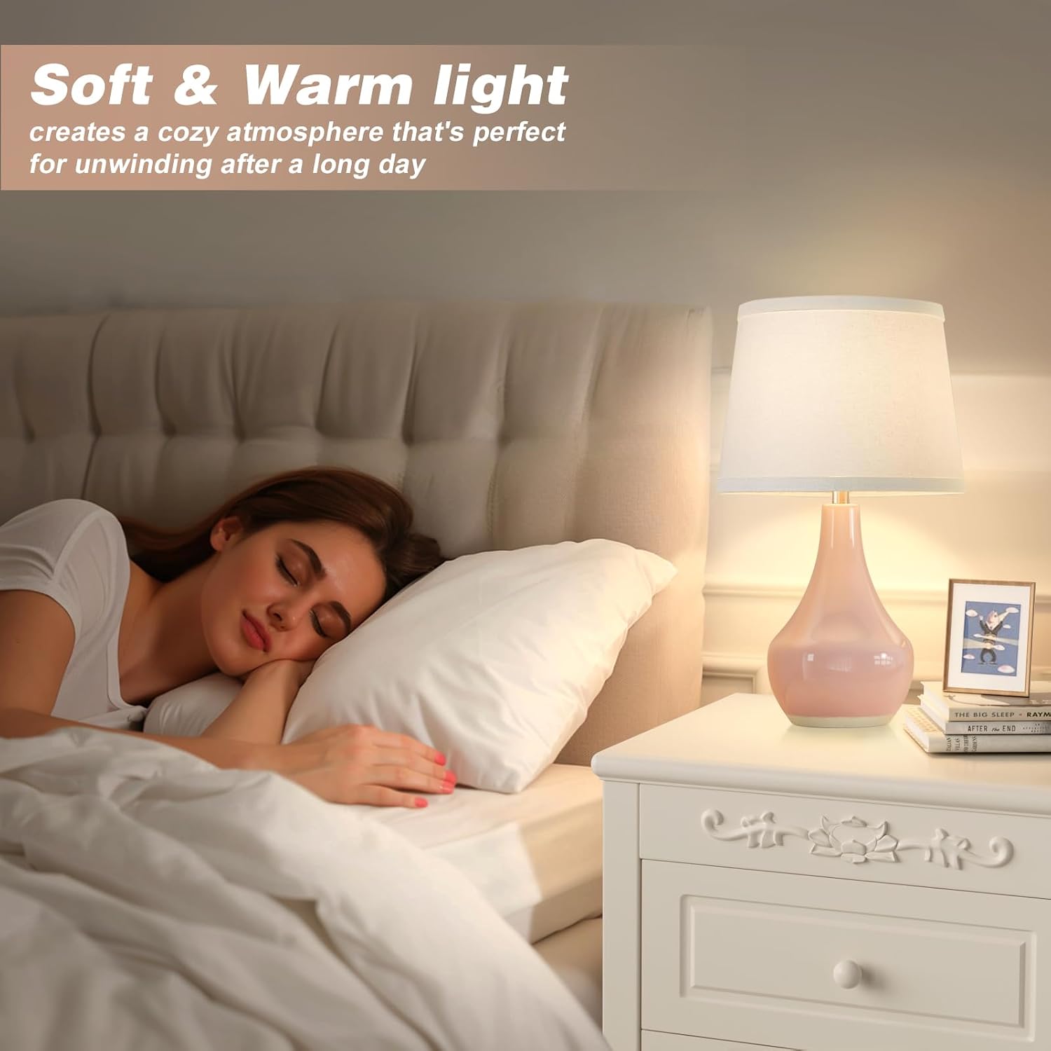 Seealle Modern Pink Table Lamps Set of 2 - Bedroom Lamps for Nightstand,19.4" Bedside Pink Lamp for Girls Room Living Room with Rocker…