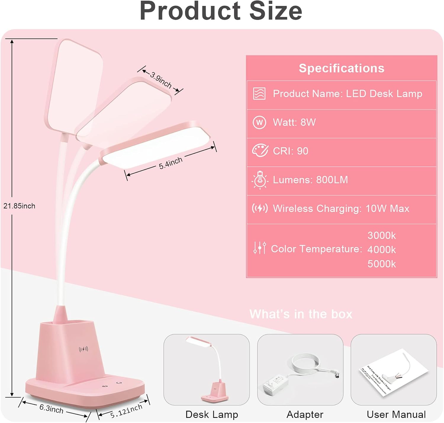 Pink Desk Lamp, Small Desk Lamp with Pen Holder, Wireless Charger LED Desk Lamps for Home Office, Kids Desk Lamps 800LM Flexible Arm 3…