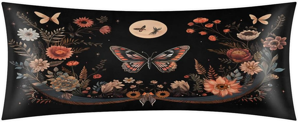 Butterfly Floral Moon Print Body Pillow Covers Decorative Soft Bedding Satin Pillowcase with Zipper Closure Cooling Breathable Long…