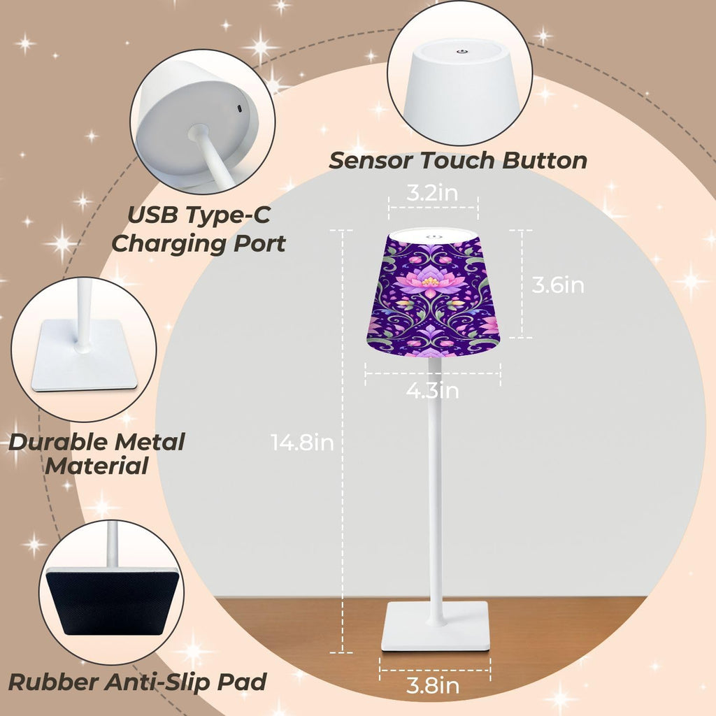 Cordless Mahjong Lamp Pink Lotus Floral Deep Purple Ornamental Vines Small LED Lamp 3 Color Dimmable Rechargeable Lamps for Mah Jong…