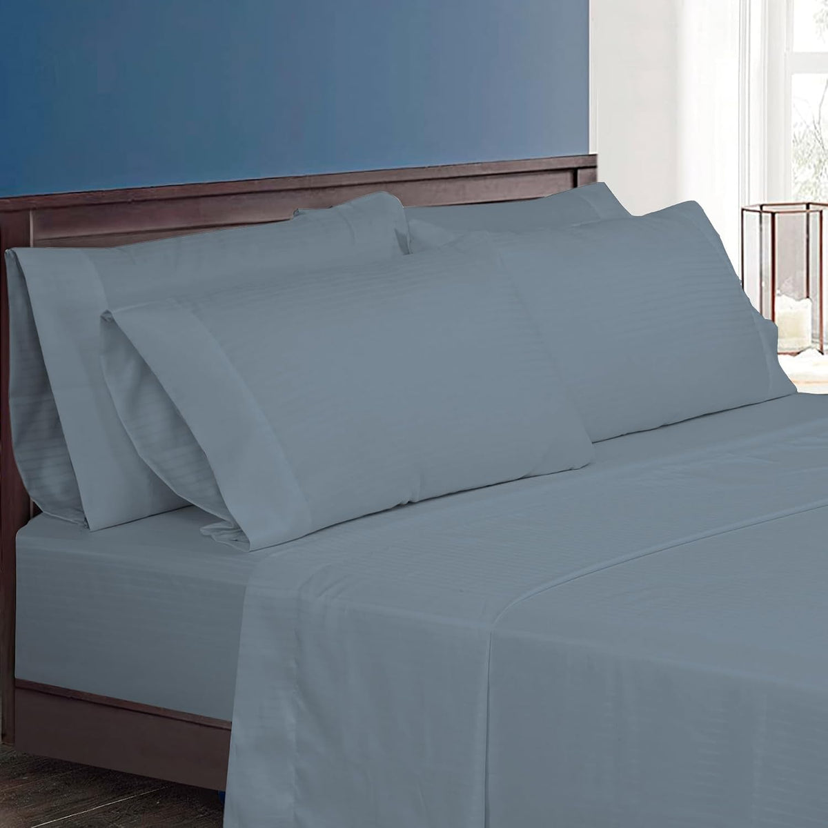 Royalelinens ROYALE LINENS 1500 Thread Count Poly/Cotton Sateen Dobby StripeSheet Set - 6 Piece California King Bed Sheets - 1 Fitted, 1 Fl…
