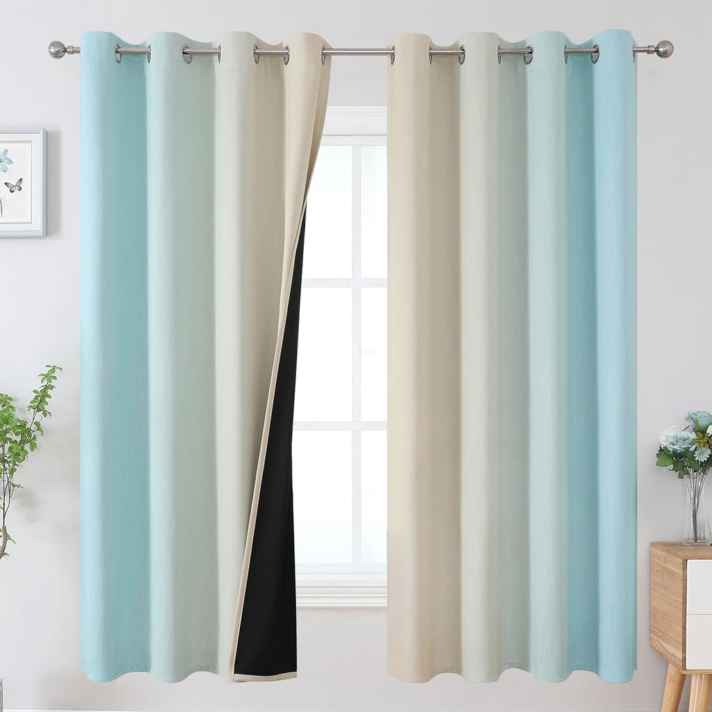 Estelartextiler Estelar Textiler Aqua and Beige Gradient Blackout Curtains for Boys Room, Ombre Thermal Insulated Noise Reducing Blackout D…