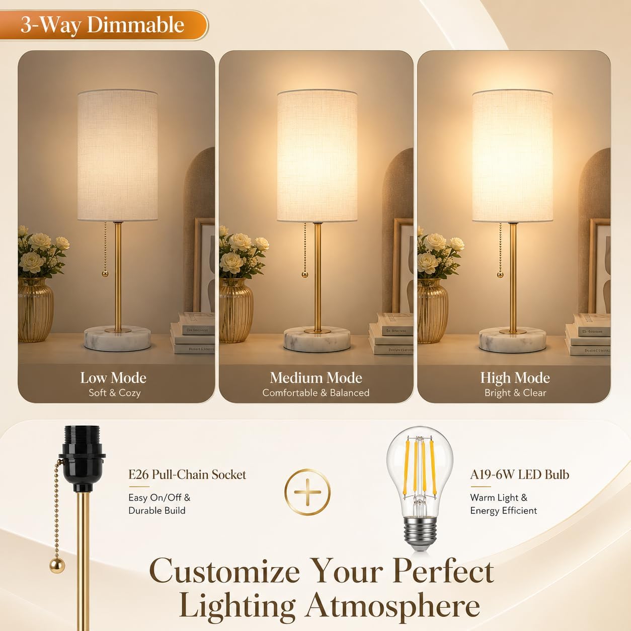 JUNNAI Table Lamps Set of 2, Gold Bedside Lamps, 3 Way Dimmable Nightstand Lamps with Marble Base & Linen Shade &Pull Chain,18.5 Inches…