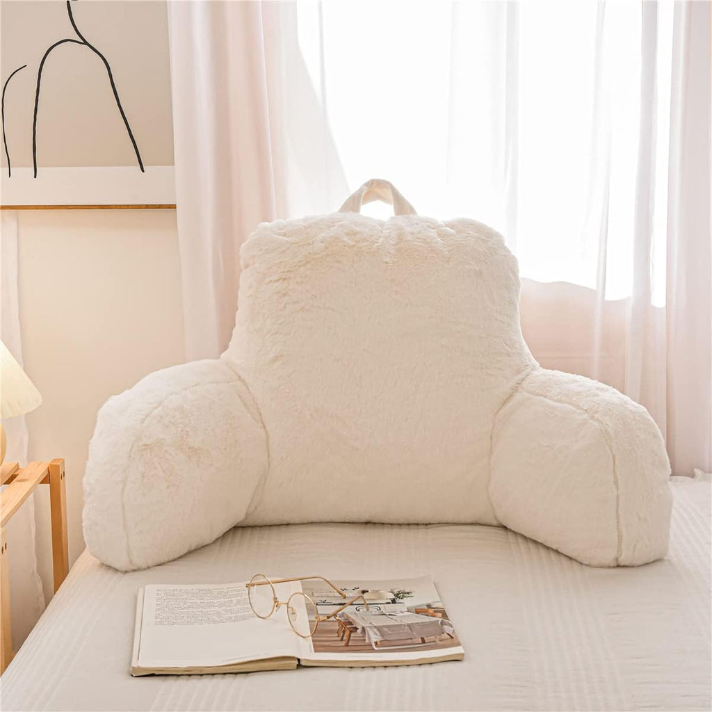 Holawakaka Large Faux Fur Bed Rest Pillow with Arms, Rabbit Fur Reading Pillows Perfect for Adults Men Women, Arm, Back, Pregnancy Lumbar &…