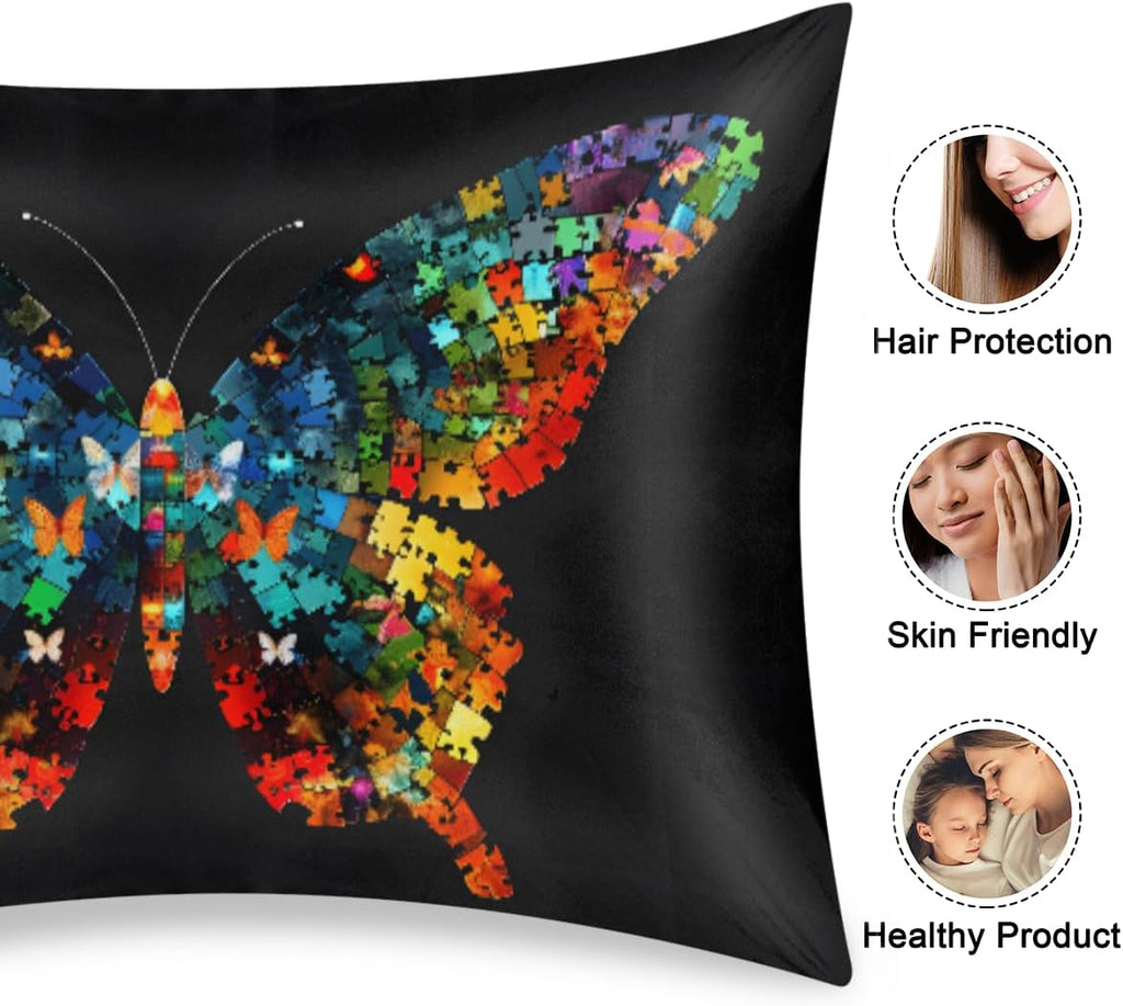 Color Animal Butterfly Autism Satin Pillowcase for Hair and Skin Soft Silk Pillow Cases with Envelope Closure Cooling Pillow Case Slip…