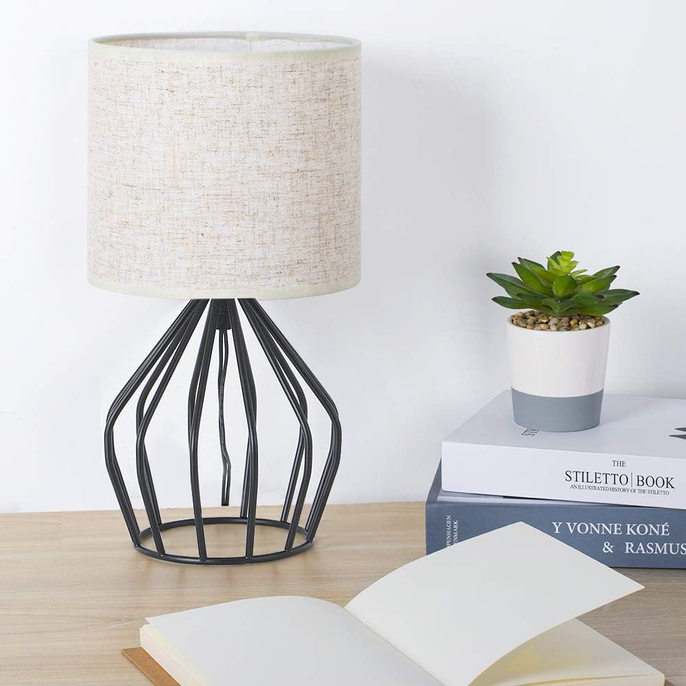 HAITRAL Black Modern Table Lamp - Minimalist Small Bedside Lamp with Hollowed Out Base Linen Fabric Shade, Vintage Nightstand Lamp for…
