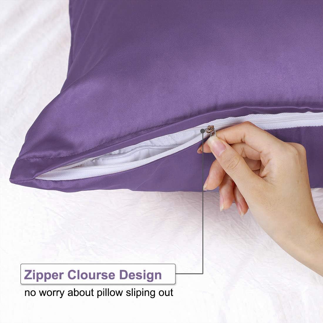 uxcell King Satin Pillowcase with Zipper, Super Soft and Luxury, Silky Pillow Cases Covers Set of 2, 21"x37", Purple
