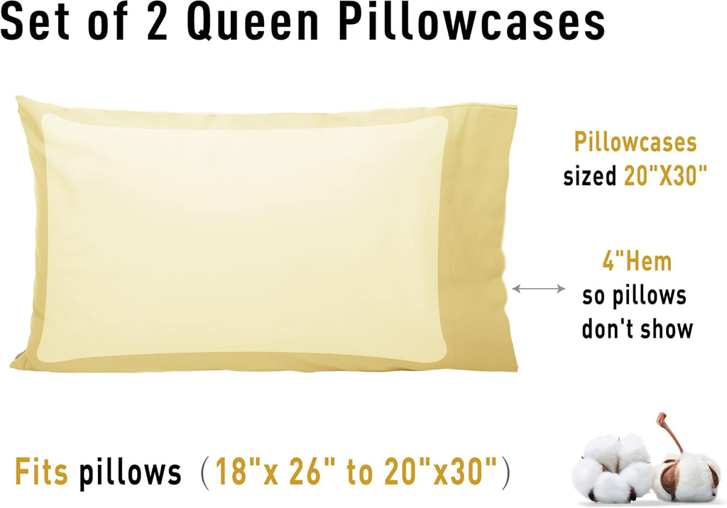 Sunflower Queen Pillowcases Set of 2, 100% Cotton Queen Size Pillow Cases 2, 20×30 inches Honeyed Straw, Soft and Breathable