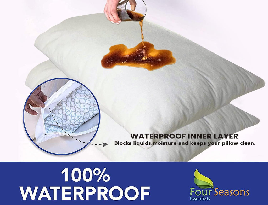 Queen Pillow Protectors (Set of 2) – Pillow Cover Waterproof Hypoallergenic Dust Proof Zippered Encasement- Cotton Terry