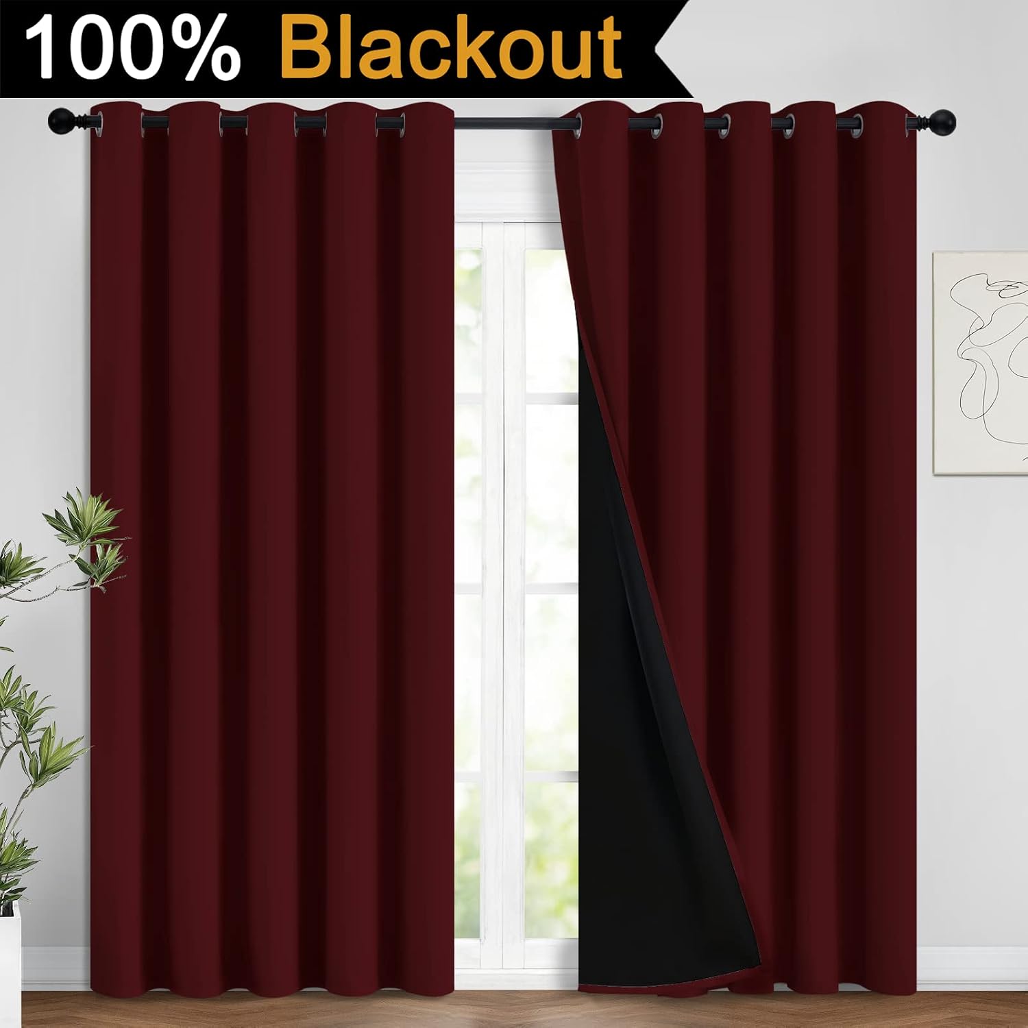 Yakamok 100% Blackout Lined Panels, Room Darkening Thermal Insulated Blackout Curtains for Bedroom, Heat Blocking Drapes for Living Room(62…