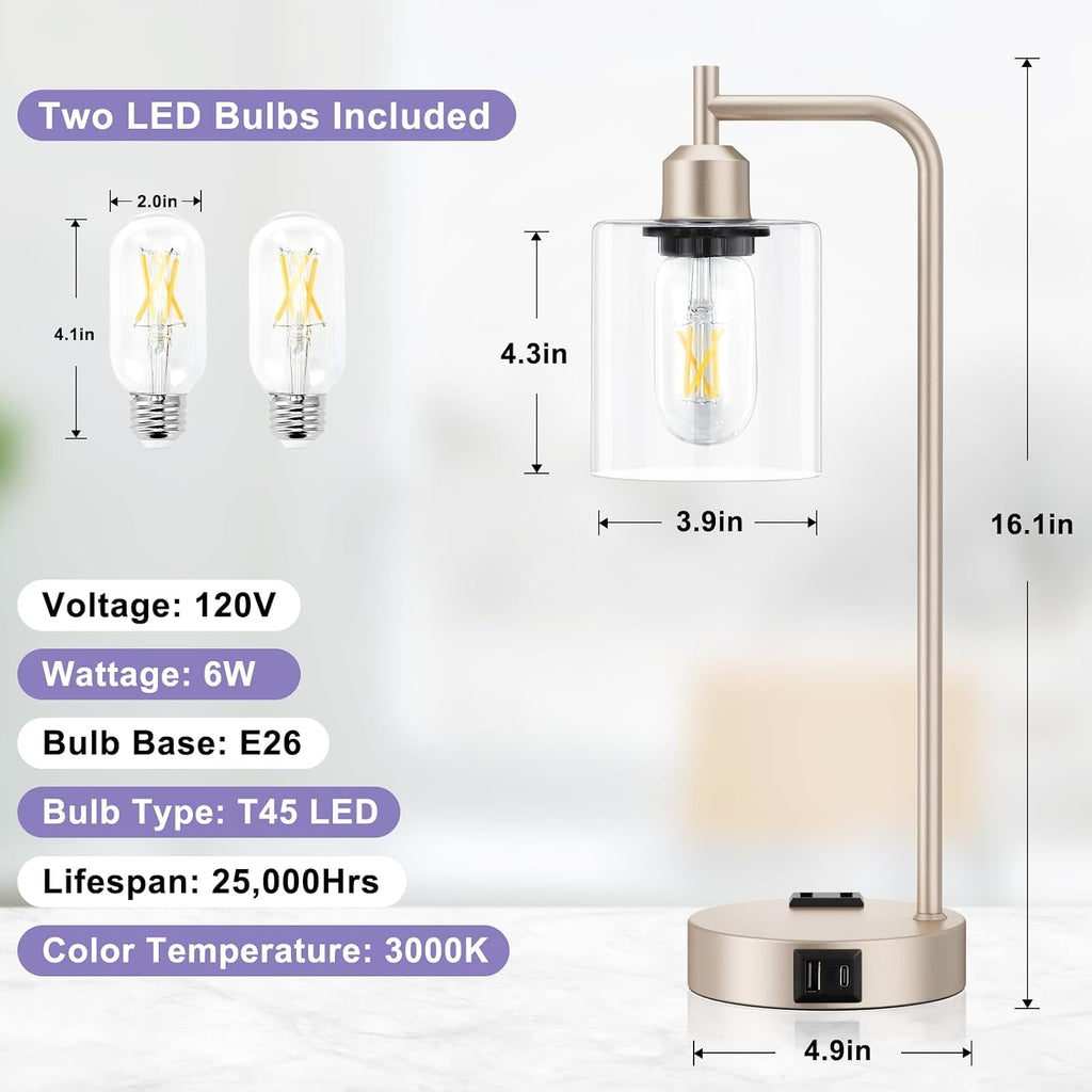 Industrial Touch Table Lamps for Bedrooms Set of 2 - 3-Way Dimmable Lamps with USB C+A Ports and Outlet, Champagne Gold Bedside Lamps…