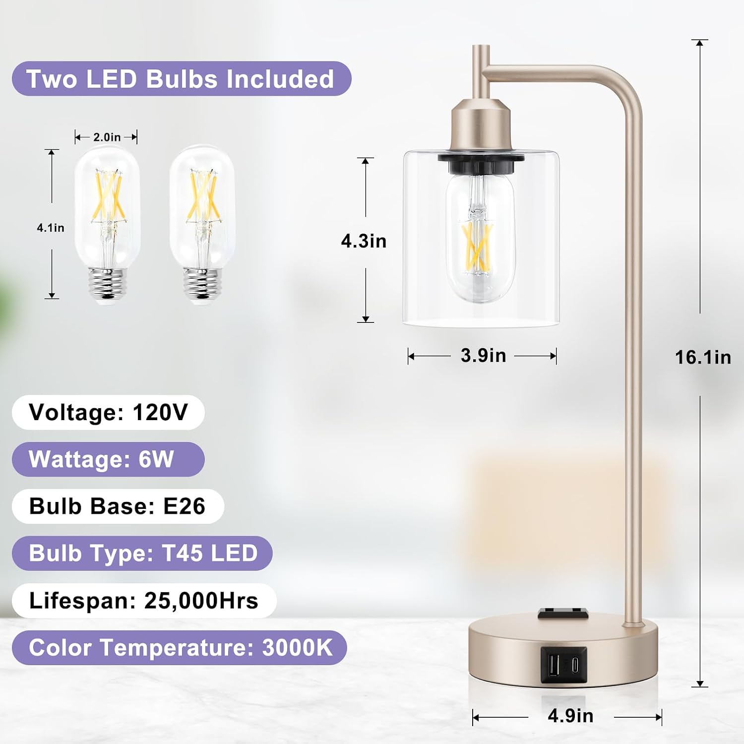 Industrial Touch Table Lamps for Bedrooms Set of 2 - 3-Way Dimmable Lamps with USB C+A Ports and Outlet, Champagne Gold Bedside Lamps…