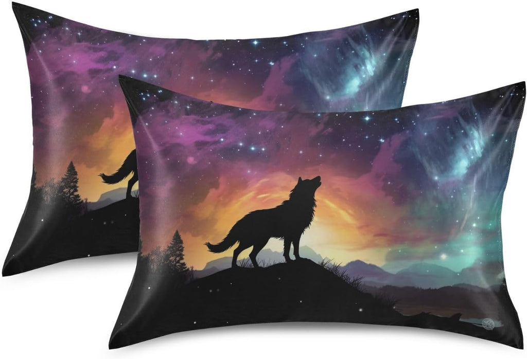 YETTASBIN Galaxy Wolf Satin Pillowcase, Soft Breathable Silk Pillow Case with Envelope Closure for Hair and Skin, Standard Size 26 x 20 Inch