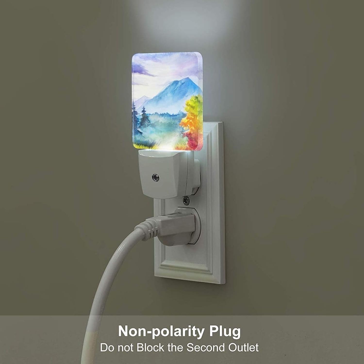 Watercolor Mountains and Forest Night Light, Plug Into Wall for Boys Girls Bedroom Decorative Square Night Light Lamp 0.5w Sleep Friendly