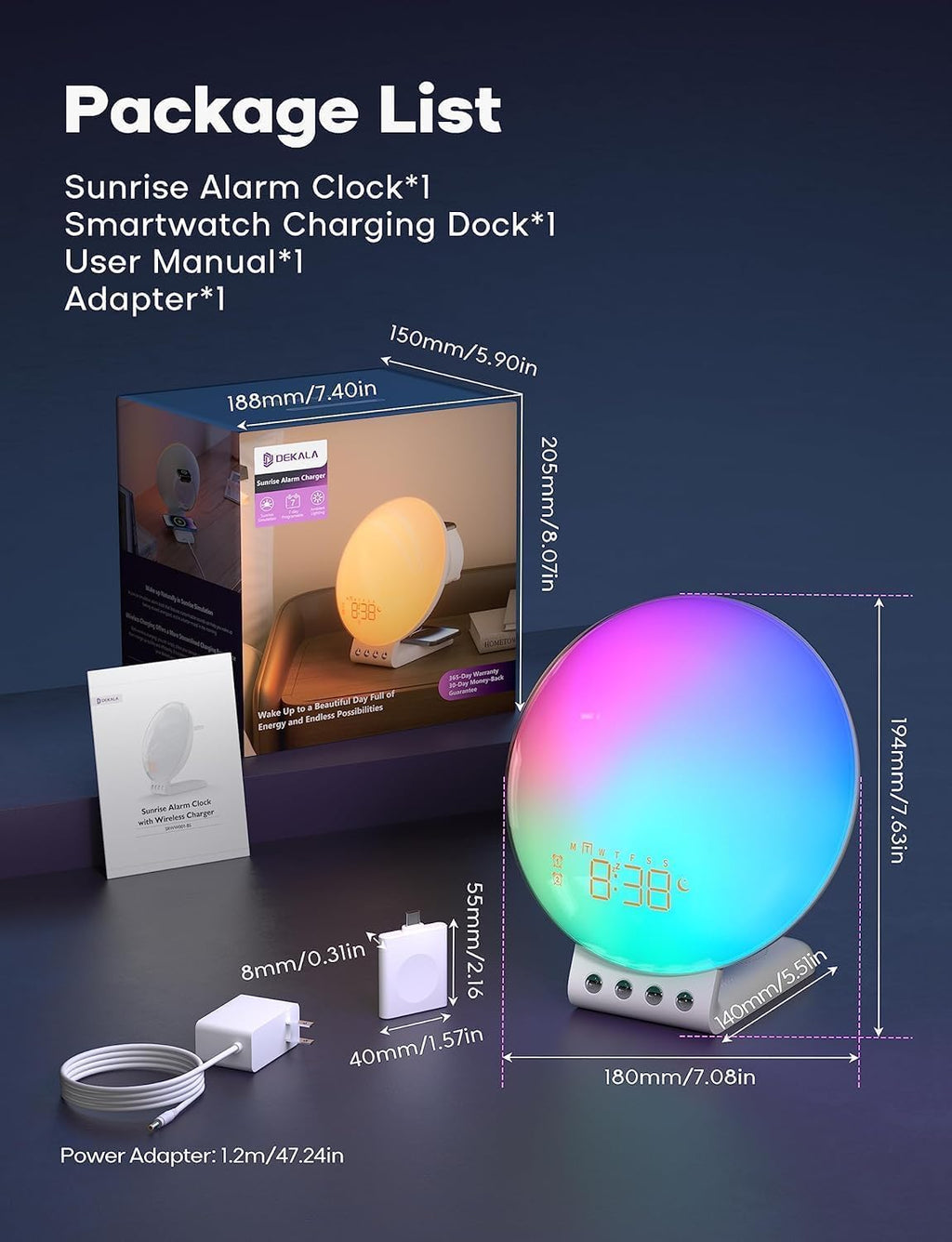 Dekala Smart Sunrise Alarm Clock with Wireless Charging for iPhone 14 13 12 Apple Watch AirPods Samsung, White Noise Sleep Sounds…