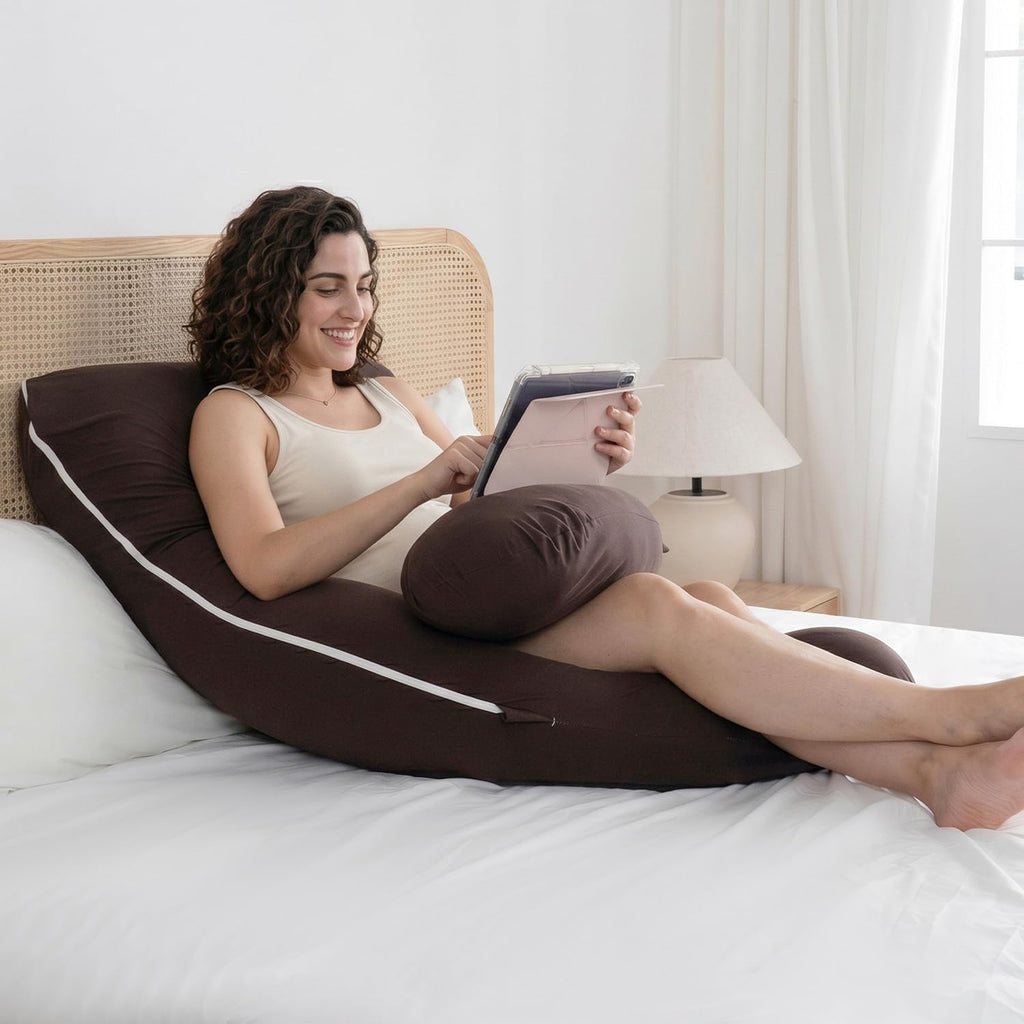 Queenrose QUEEN ROSE U Shaped Pregnancy Pillow, Breathable Cotton Full Body Support for Maternity, Coffee Cotton