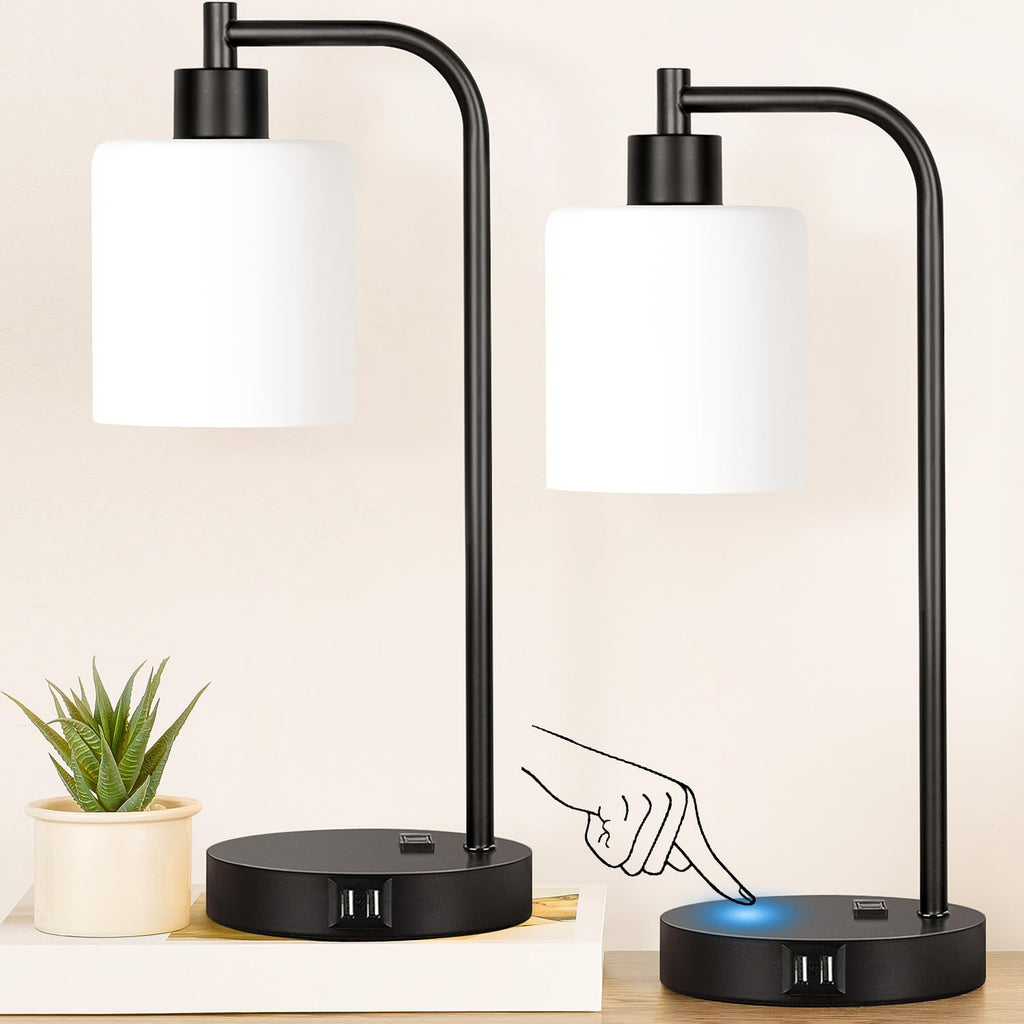 Set of 2 Industrial Touch Control Table Lamps with 2 USB Ports and AC Outlet - 3-Way Dimmable Black Bedside Lamp Nightstand Desk Lamps…