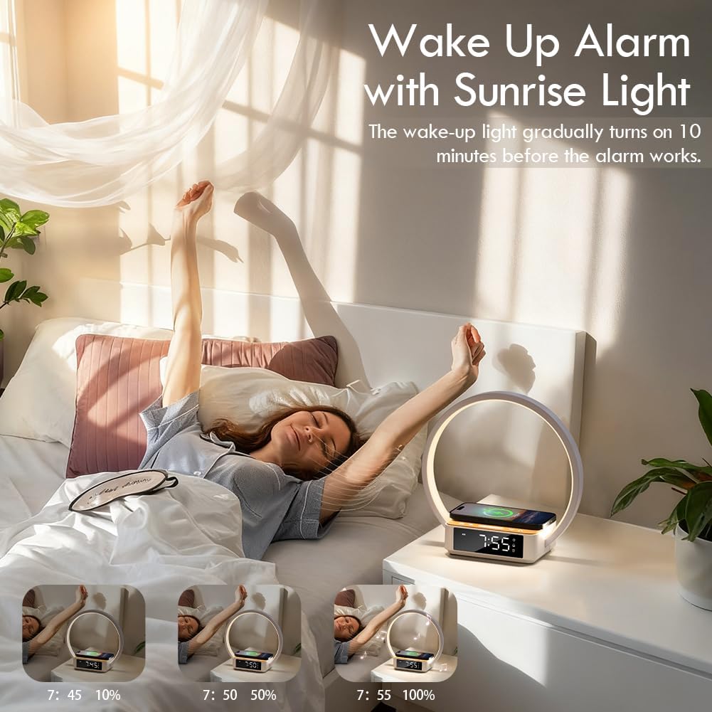 Wilit Bedside Lamp with Alarm Clock, Touch Lamp with Wireless Charger, Nightlight for Bedroom, Sunrise Wake-up Light,3-Grade Dimmable, Birthday…