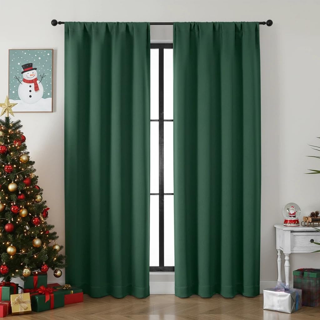 Simplebrand Ava Ever Green Blackout Curtains for Bedroom 84 Inch Length 2 Panels Set, Solid Thermal Insulated Privacy Living Room Window Tr…