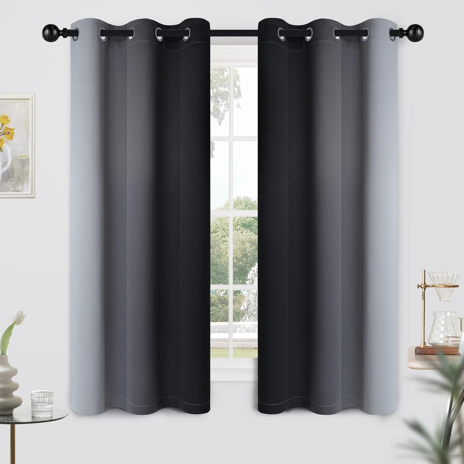 Yakamok Light Blocking Ombre Curtains, Greyish White and Black Gradient Color Curtains, Room Darkening Grommet Window Drapes for Bedroom(Bl…