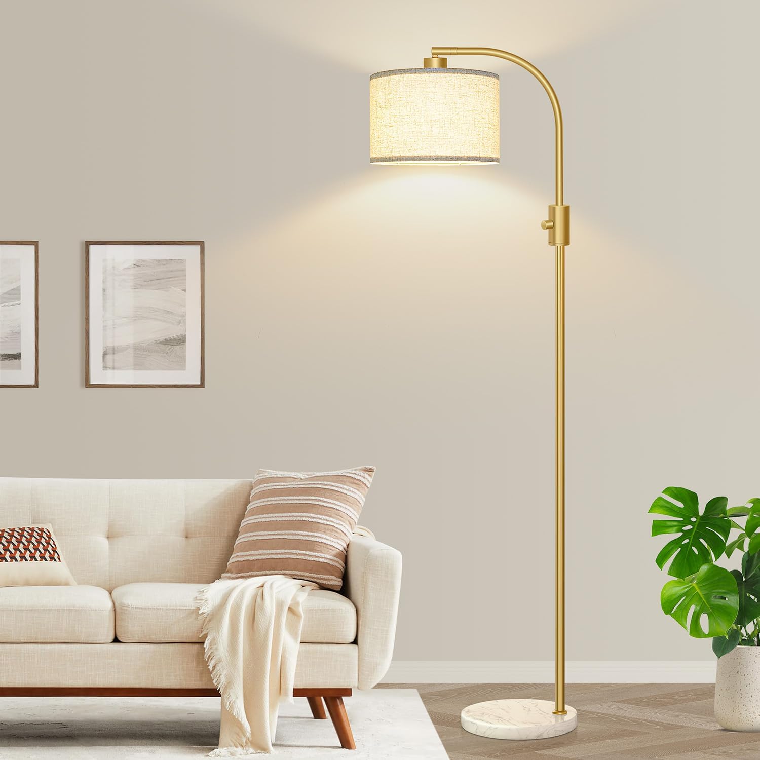 Nintiue Upgraded Modern Arc Dimmable Tall Standing Floor Lamp with Marble Base & Linen Shade, 1200 Lumens LED Bulb Included, for Living &…