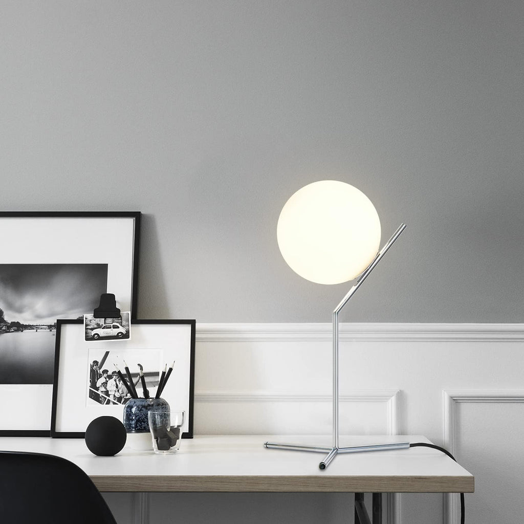 BOKT Modern Chrome Metal Globe Table Lamp Contemporary Milk White Glass Reading Lamp 1-Light E26 Table Standing Lamp Home Decor Glass…