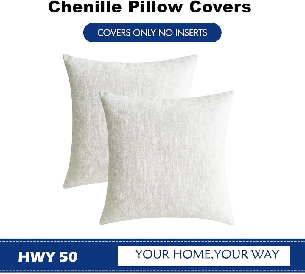 Hwy50 HWY 50 Cream White Couch Pillow Covers 22x22 Inch Pack of 2, Soft Chenille Decorative Throw Pillow Cases Farmhouse for Sofa Living Ro…