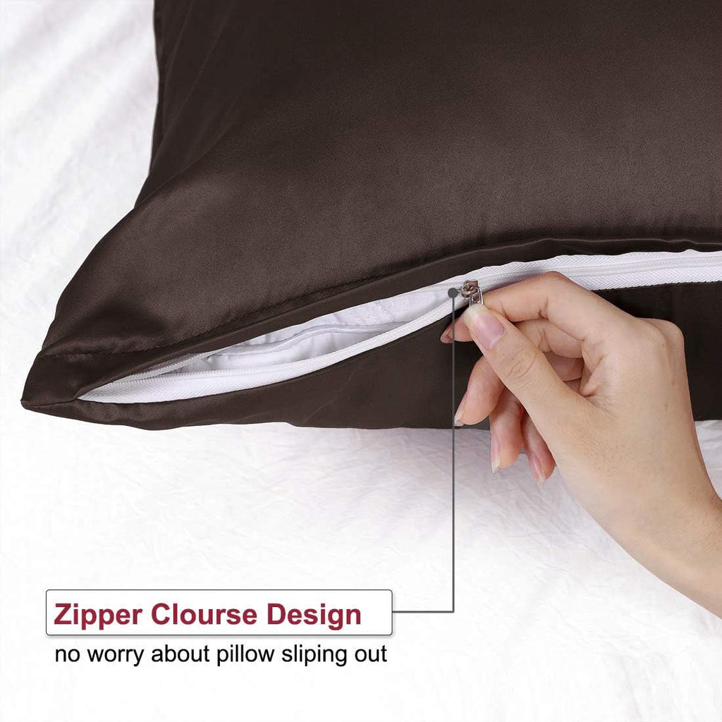 uxcell Queen Satin Pillowcase with Zipper, Super Soft and Luxury, Silky Pillow Cases Covers Set of 2, 21"x31", Brown