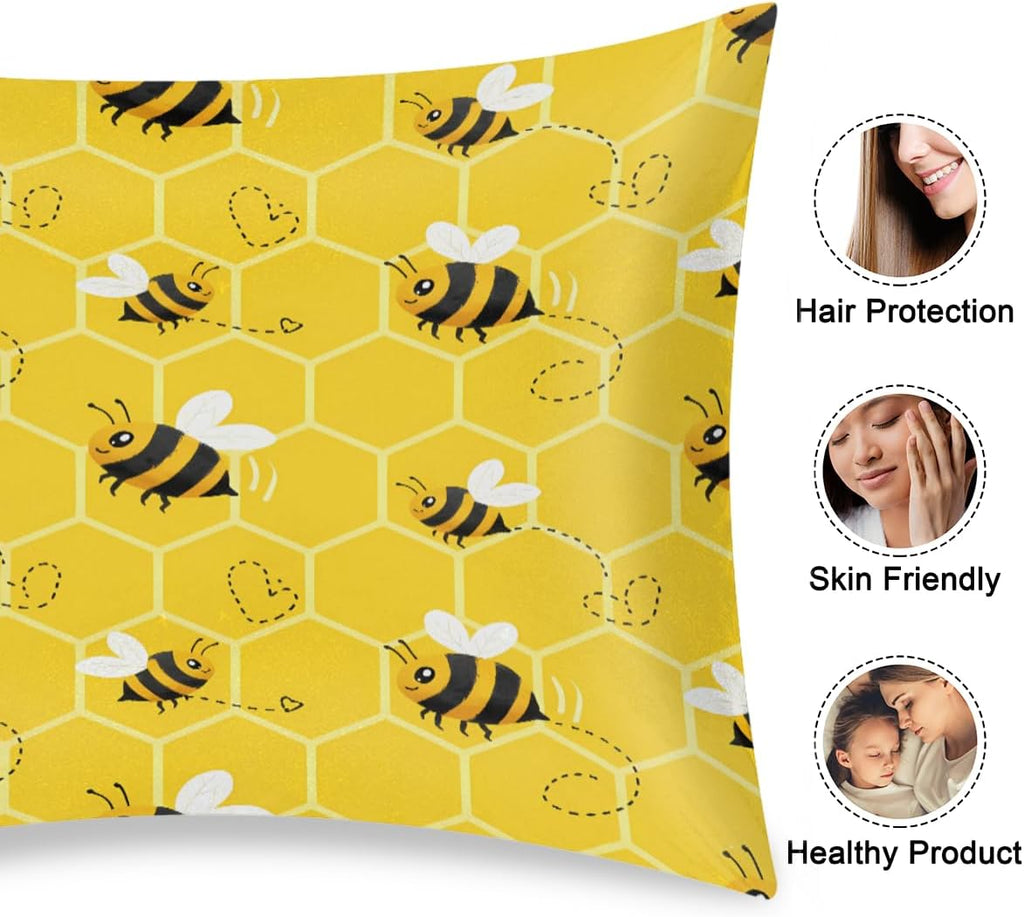 Satin Pillowcase for Hair and Skin, Standard Size Yellow Honeycomb Bee Pattern Decorative Pillow Sham with Envelope Closure Pillow Cover…
