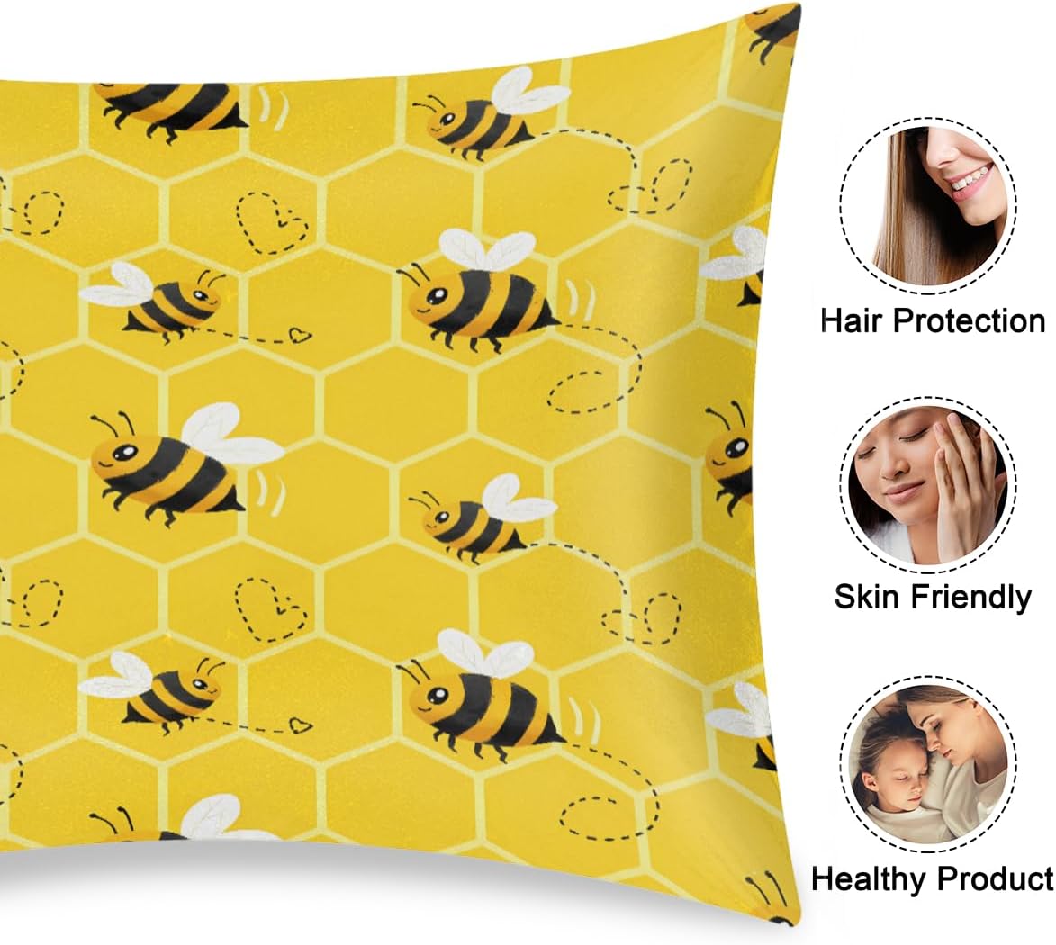 Satin Pillowcase for Hair and Skin, Standard Size Yellow Honeycomb Bee Pattern Decorative Pillow Sham with Envelope Closure Pillow Cover…