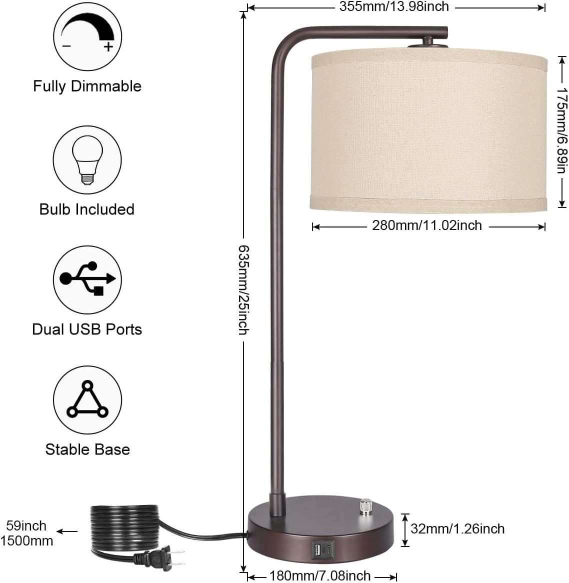 Table Lamps Set of 2, Fully Dimmable Bedside Lamp with USB C+A Charging Ports, Modern Nightstand Lamps with Linen Fabric Shades, Tall…