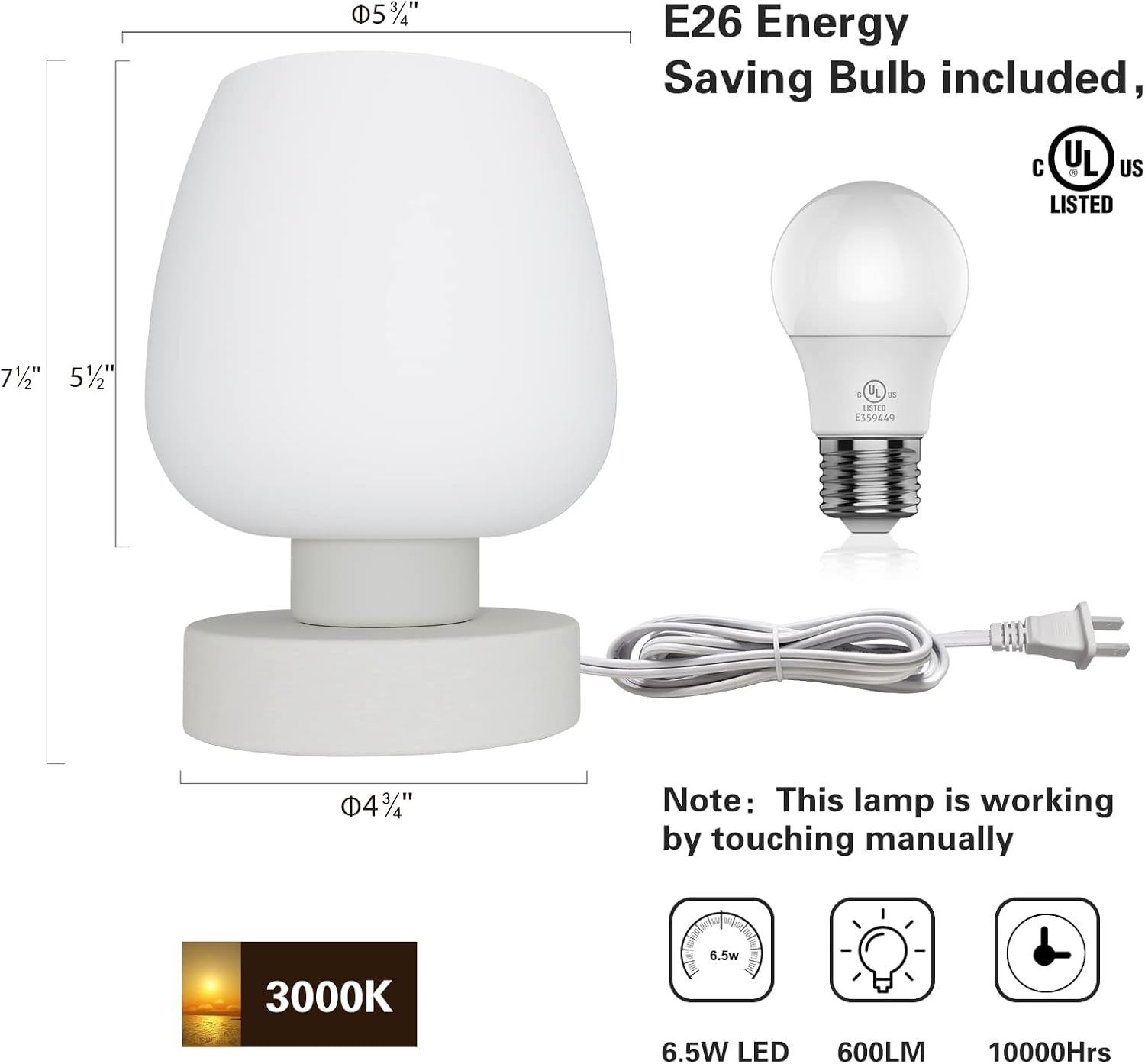 Touch Bedside Table Lamp Set of 2 - Small Modern Table Lamp for Bedroom Living Room Nightstand, 3-Way Dimable Desk lamp with White Opal…