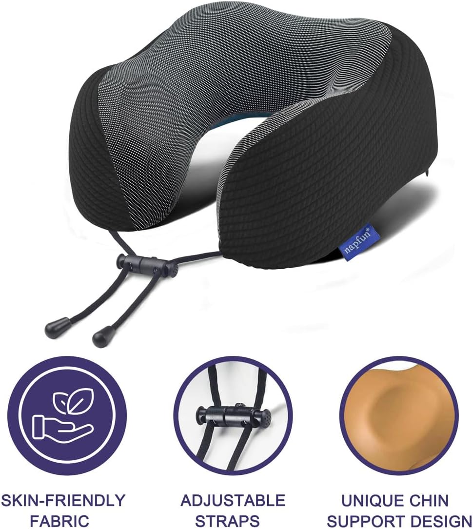 napfun Neck Pillow for Travel with Travel Pouch, Sleep Mask & Earplugs, Memory Foam Airplane Pillow for Headrest Sleep with Eyeshades…