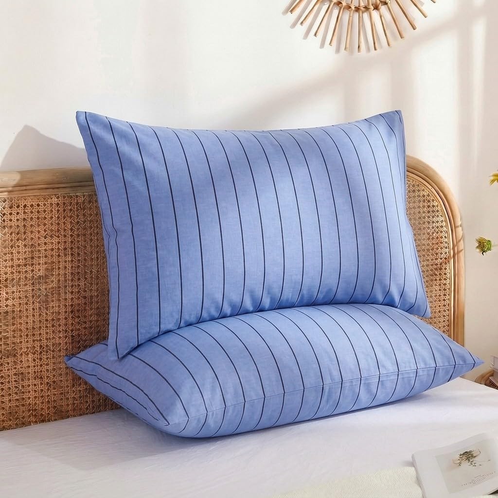 Merryword King Size Pillowcases, 100% Cotton Pillow Cases, Denim Blue Striped Pillowcases, Soft Breathable Pinstripe Pillow Covers, Set of…