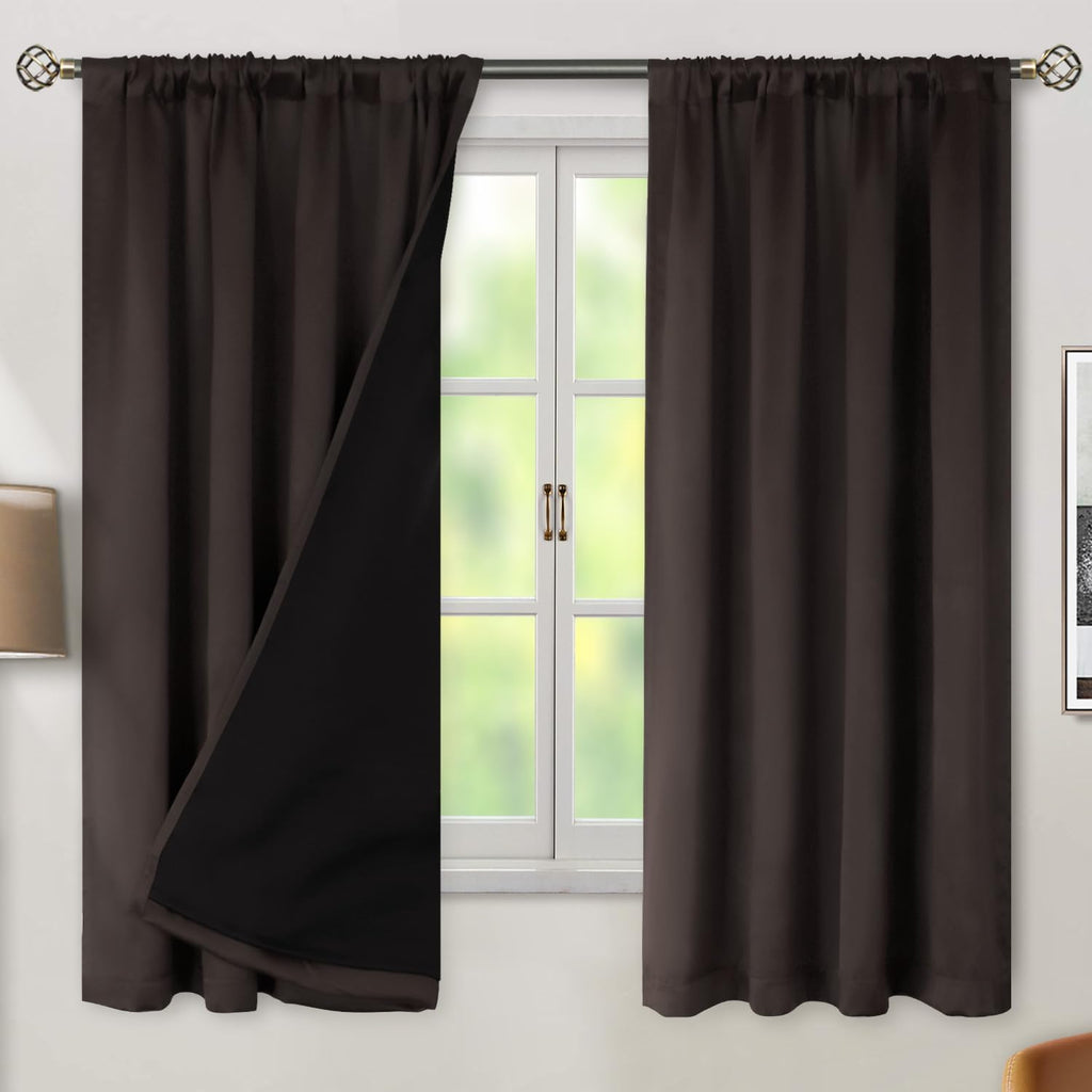 BGment Brown 100% Blackout Curtains 63 Inches Long with Reducing Noise Liner, Insulated Double Layer Full Room Darkening Rod Pocket and…