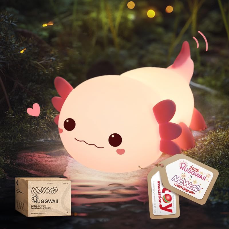 Mewaii Huggwaii Squishy Axolotl Night Light for Kids – Dimmable Silicone Axolotl Lamp, 2025 Upgraded Baby Night Light, Rechargeable, 20H Ba…