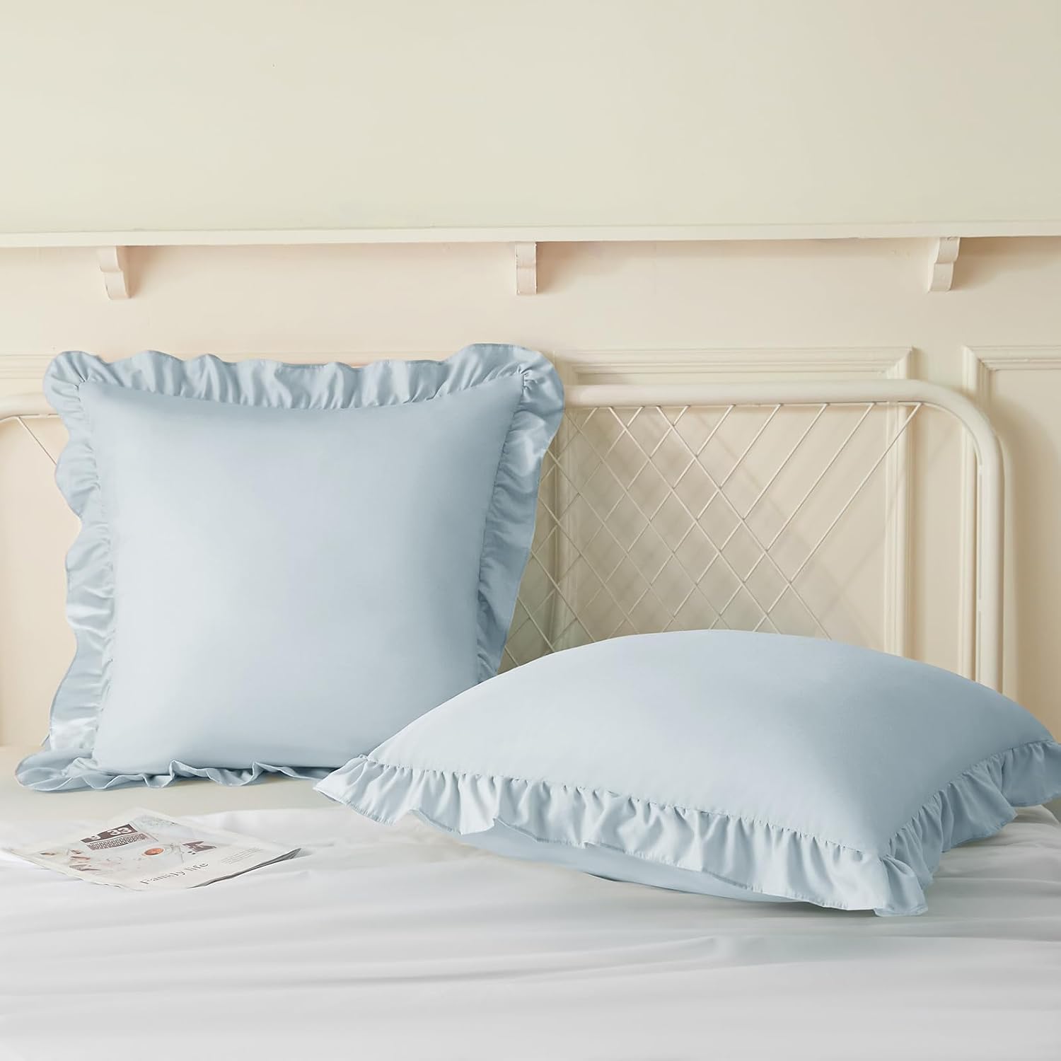 KKJIAF Ruffle Pillow Cases 22x22 Inches, Dusty Blue Square Ruffled Pillow Covers Set of 2, Microfiber Wrinkle Resistant Pillow Shams with…