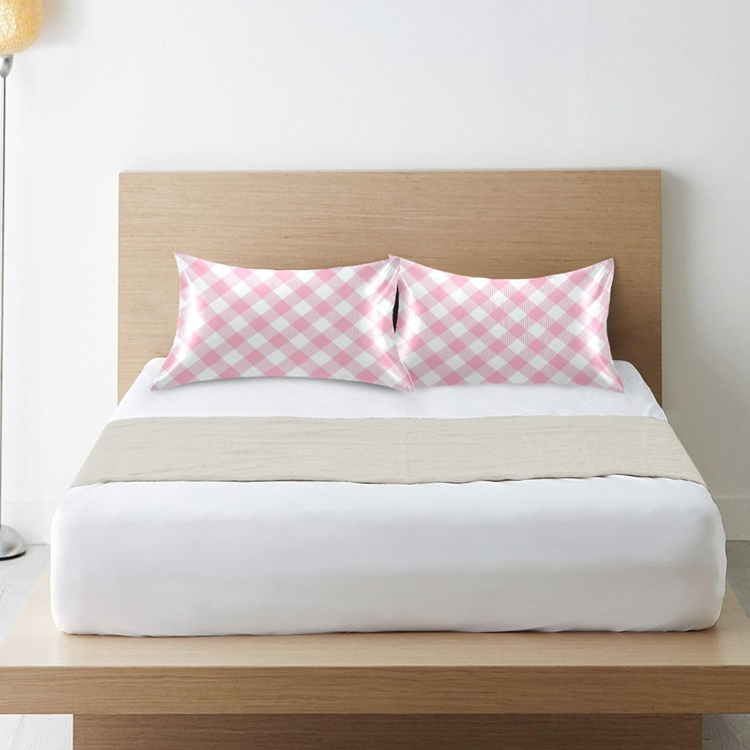 Plaid Squares Pillow Covers Silk Pillowcase for Hair and Skin Soft Smooth Breathable Cooling Satin Pillowcase King Size Pillow Case for…