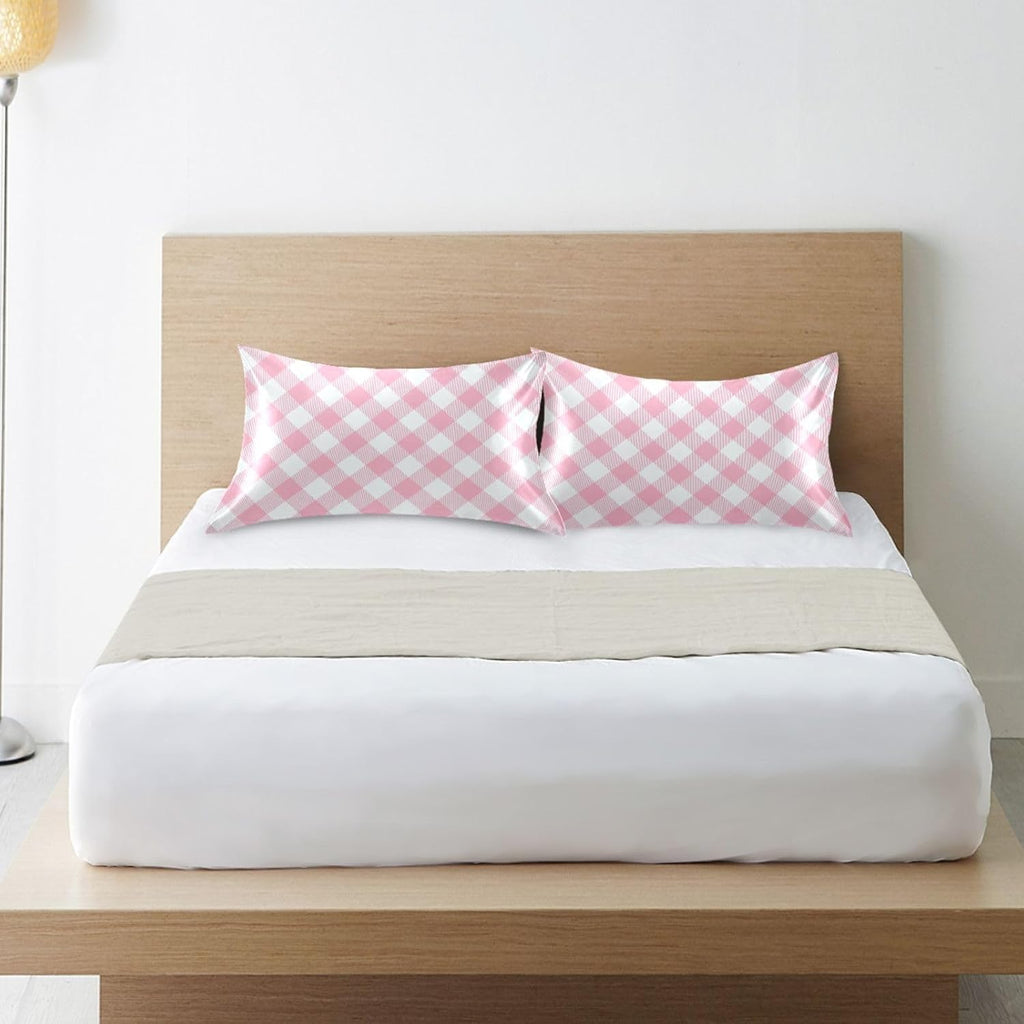 Plaid Squares Pillow Covers Silk Pillowcase for Hair and Skin Soft Breathable Smooth Cooling Satin Pillowcase Standard Size Pillow Case…