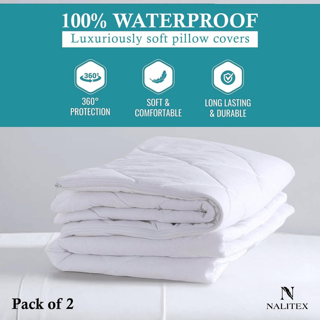 Nalitex Waterproof Pillow Protector with Zipper Style (2 Pack, White) Pillow Covers Luxury Queen Pillow Protectors Breathable and Ultra Sof…