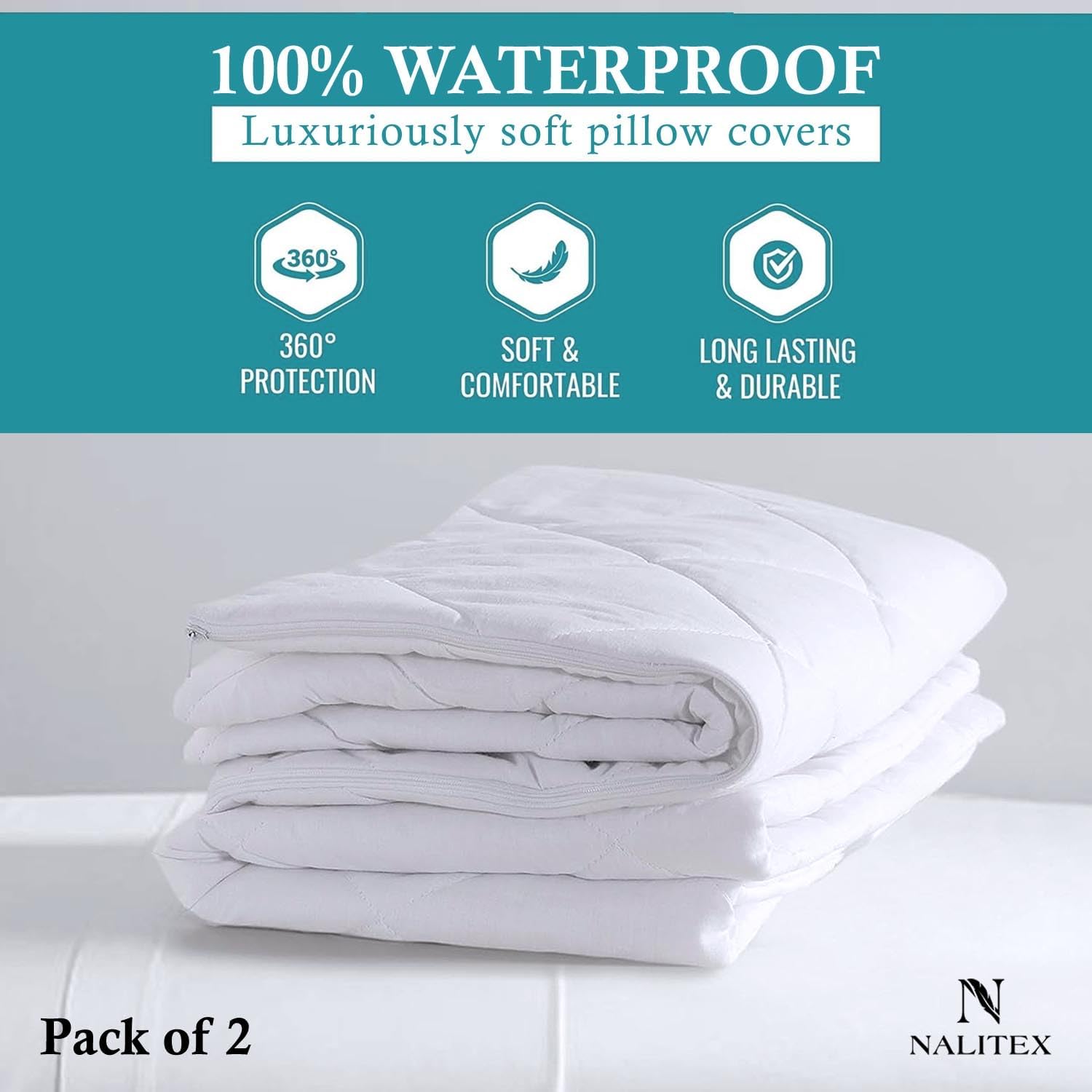 Nalitex Waterproof Pillow Protector with Zipper Style (2 Pack, White) Pillow Covers Luxury Queen Pillow Protectors Breathable and Ultra Sof…